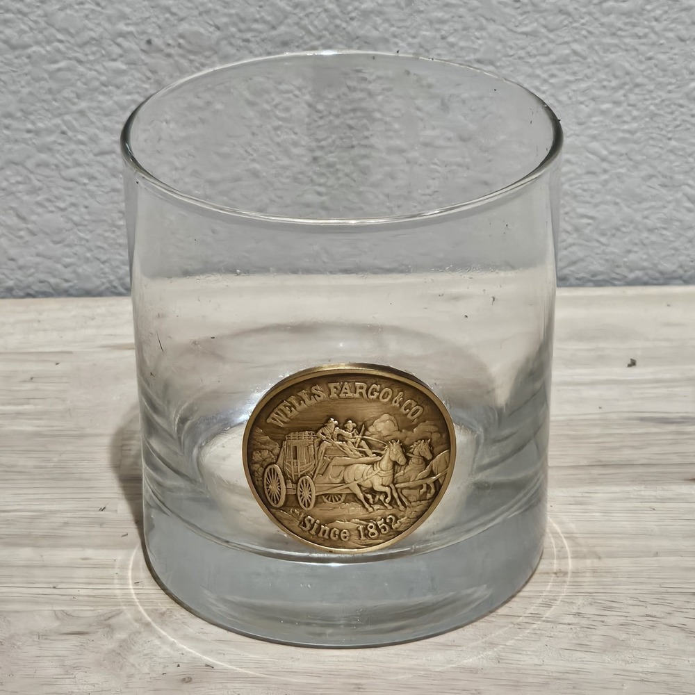 Wells Fargo Cocktail Glass Banking  Memorabilia Stagecoach Bronze Medallion